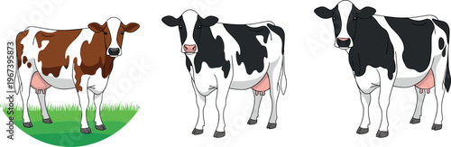 Set of Cartoon Brown and Black and White Cows with Different Poses and Grass Background for Farm, Animal, and Livestock Illustrations