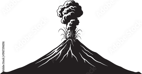 Black and white of erupting volcano eruption smoke