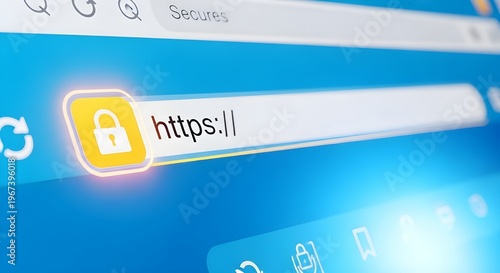 A closeup view of a web browsers address bar displaying a secure https connection with a padlock icon on a blue background with white accents