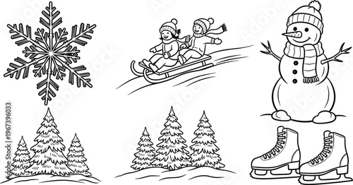 Winter Wonderland Icon Set Featuring Snowflake, Snowman, Pine Trees, and Sledding Bears for Seasonal and Holiday Designs\