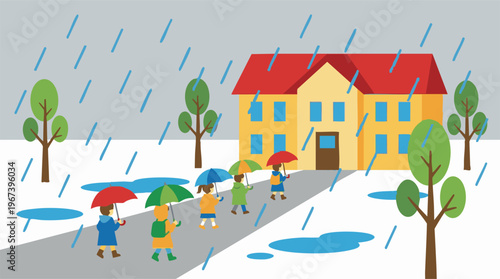 Elementary school children walking in the rain with colorful umbrellas