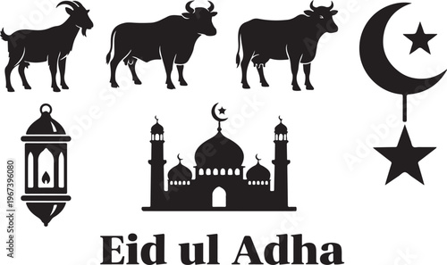 Eid al adha silhouette collection goats crescent moon mosque and lanterns for islamic holiday celebrations