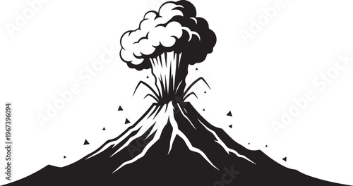 Black and white of erupting volcano with smoke and ash