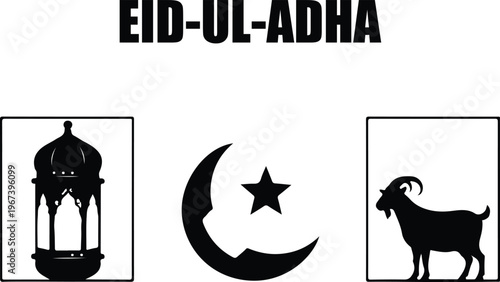 Eid ul adha celebration graphic islamic symbols of lantern crescent moon star and goat representing sacrifice