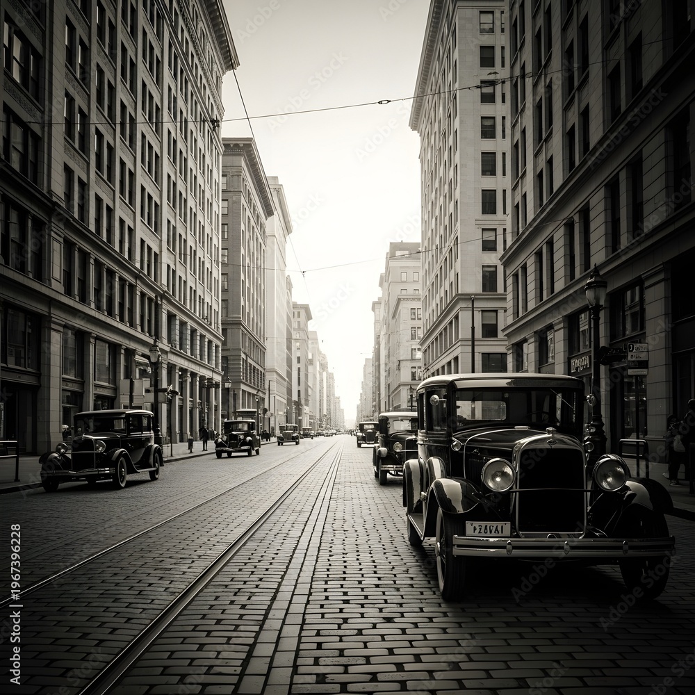 Obraz premium Vintage black and white photograph of old cars on a cobblestone city street with tall buildings on either side in daytime