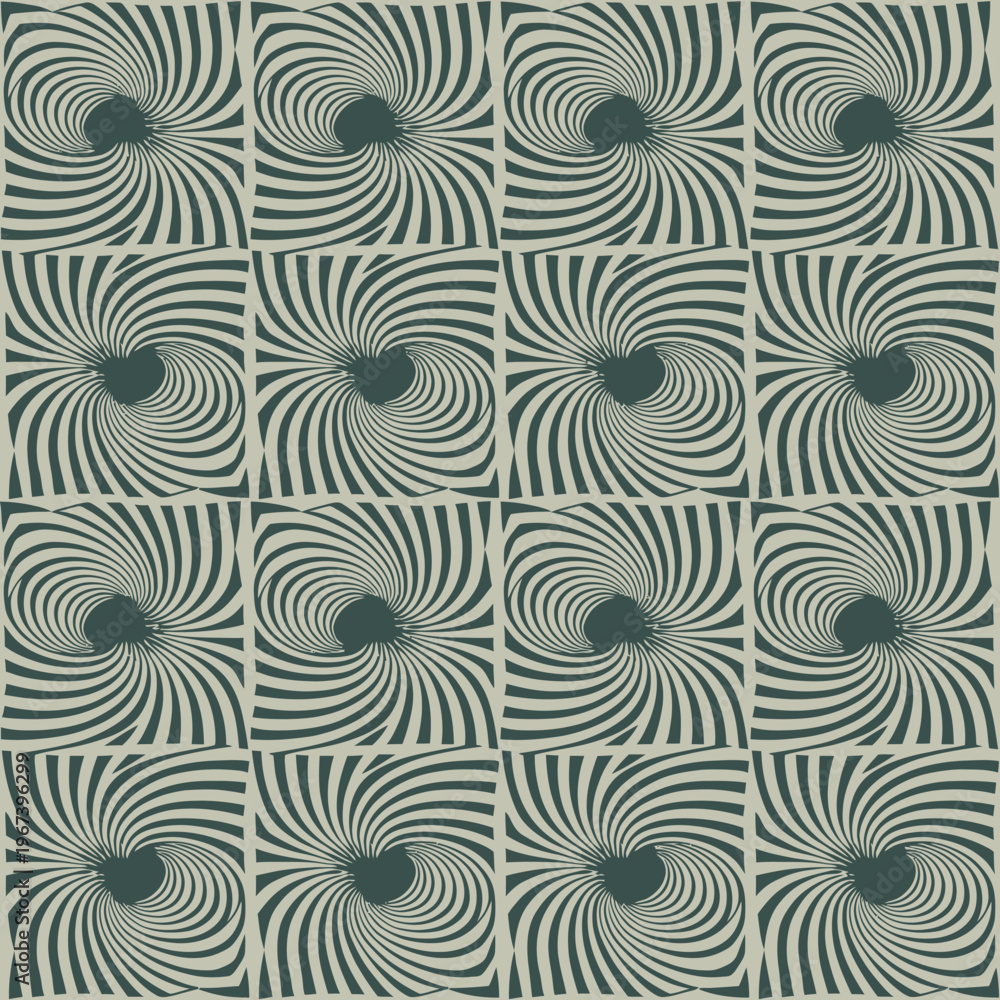 Obraz premium Seamless pattern of green and beige spiral shapes in squares optical illusion design