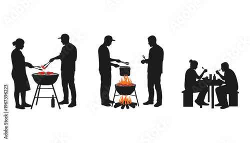 A barbecue silhouette illustration of people cooking and eating outdoors