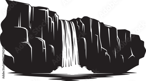 Black and white of waterfall cascading down rocky cliff
