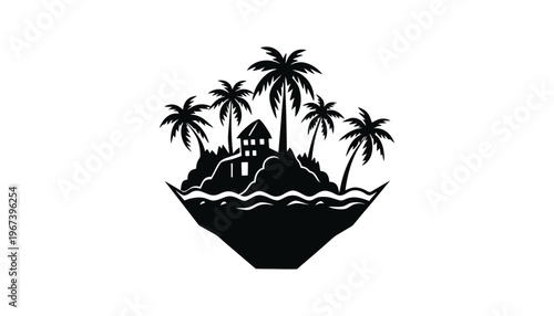 A tropical island silhouette illustration with palm trees and a house