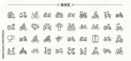 Bike line icon set. Bicycle icon set. Vector outline icons collection. Featuring cycle, vehicle, transport, ride, transportation, bicycle and more. Editable stroke. Pixel Perfect.