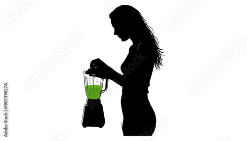 Blender silhouette of a woman preparing a healthy green smoothie