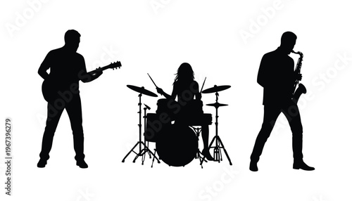 Musician silhouettes playing guitar, drums, and saxophone on white background