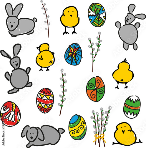 Hand drawn Easter set with cute bunny, chicks, decorated pysanka eggs, baskets and pussy willow branches verba. Simple doodle style illustration isolated on white background. 