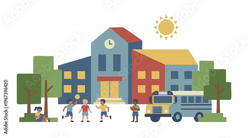 Children playing near a school with a bus, trees, and sun in flat design