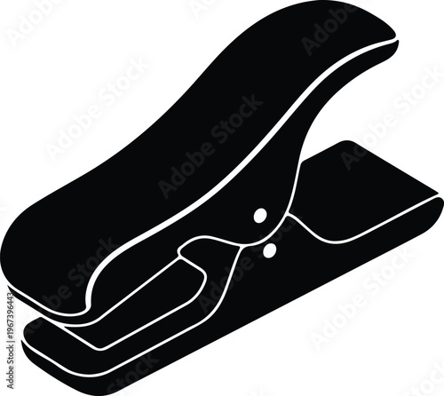 Silhouette black office stapler tool for paper binding on white background design vector