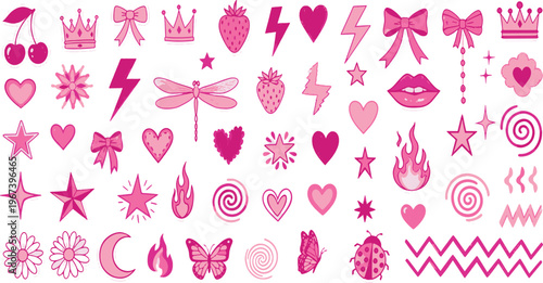 Cute pink aesthetic collection with hearts stars crowns and feminine elements in a creative hand drawn vector illustration