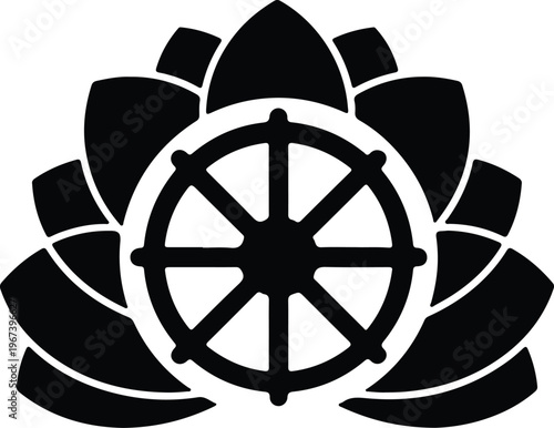 Silhouette Dharma wheel and lotus flower symbol vector design