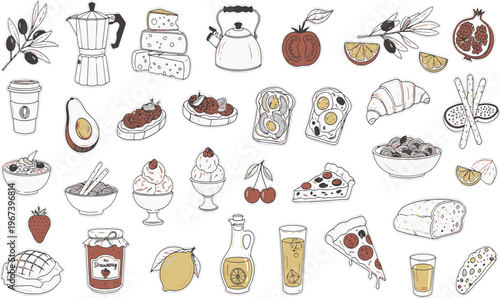 Organic breakfast food ingredients and healthy meal snacks collection with coffee fruit and baked goods hand-drawn vector illustration