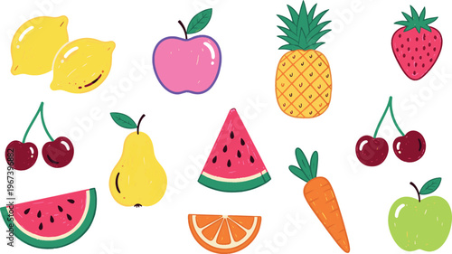 Colorful healthy organic fruits and vegetables collection including lemon apple pineapple strawberry cherry pear watermelon carrot and orange slices icon set