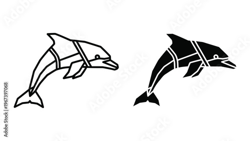 Contrasting stylized depictions of dolphins with geometric and filled patterns