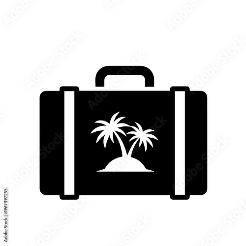 Black silhouette icon of a travel suitcase with a tropical island and palm trees emblem