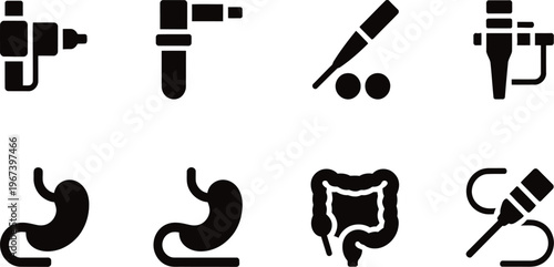 Medical endoscopy and gastroenterology equipment icons set