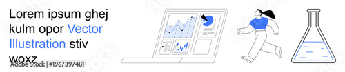 Data analysis, scientific research, tech development, business insights, innovation, and education. Laptop displaying data charts, a person jogging and a laboratory flask. Data analysis and research
