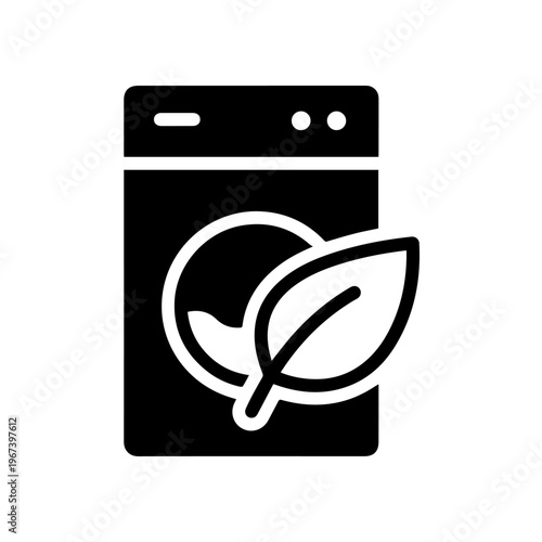 Eco-friendly laundry appliance with a leaf symbol, representing sustainable washing
