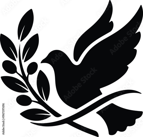 Silhouette of a flying peace dove with olive branch design vector