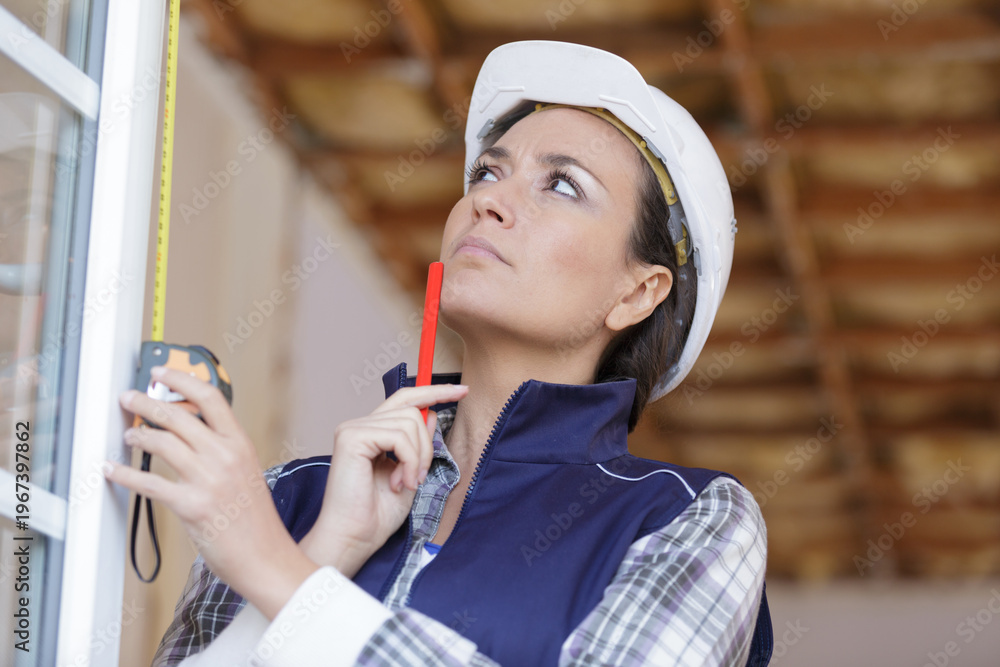 Fototapeta premium a woman measuring window frame