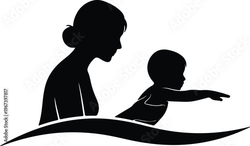 Silhouette of a mother and child enjoying a swimming lesson design vector