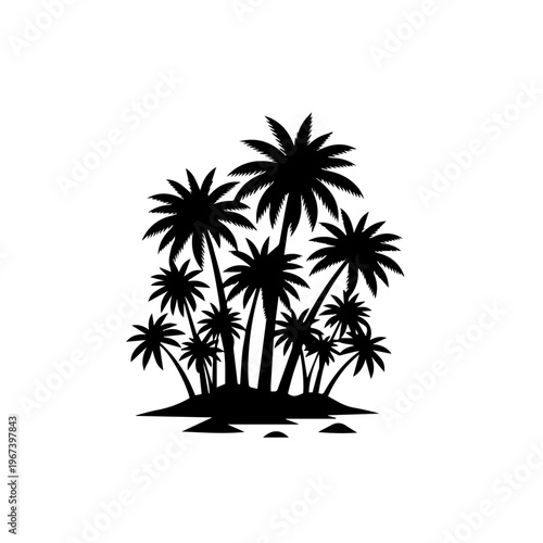 A serene silhouette of a tropical island oasis featuring a lush cluster of palm trees