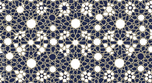 An elaborate dark blue background displays a delicate white and gold geometric pattern composed of interconnected star-like and circular motifs, creating a serene and ornamental design.