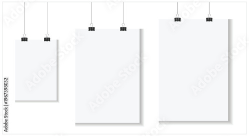 Vector illustration of three blank white papers held by clips, perfect for mockup display.