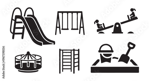 Vector illustration of a diverse collection of classic playground equipment black silhouette icons set.