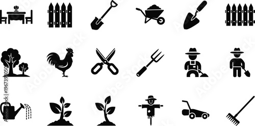 Garden and Farm Icons Set Featuring Tools, Plants, Fences, Tree, Rooster, Lawn Mower, Watering Can, and Garden Worker for Gardening and Outdoor Living