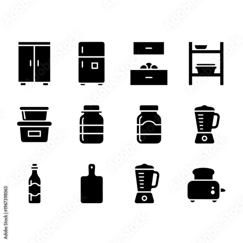 Vector collection of essential kitchen appliances, storage solutions, and food preparation tools in black silhouette icons