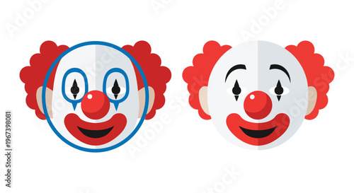 Two smiling vector clown face illustrations with different eye makeup for entertainment design.