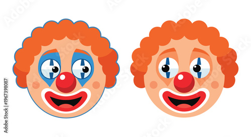 Two expressive vector clown faces with colorful makeup and cheerful smiles for entertainment graphics.