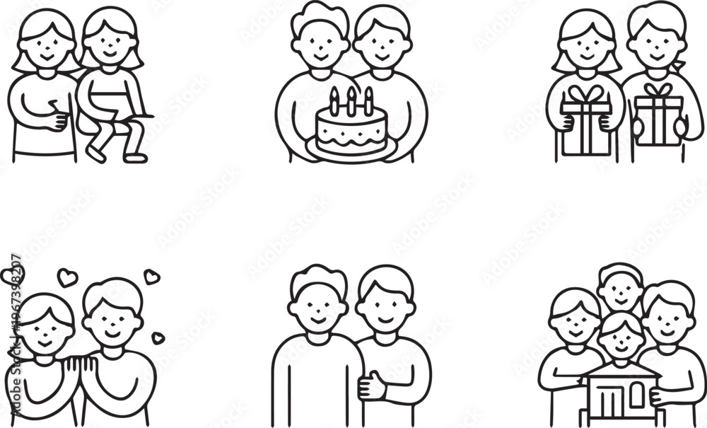 Fototapeta premium Family celebration and relationship line icons set featuring birthday cake gift giving romantic love and happy group moments in outline style