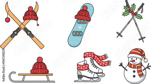 Winter Sports and Holiday Icon Set Featuring Skiing, Snowboarding, Sledding, Ice Skating, and Snowman Illustrations