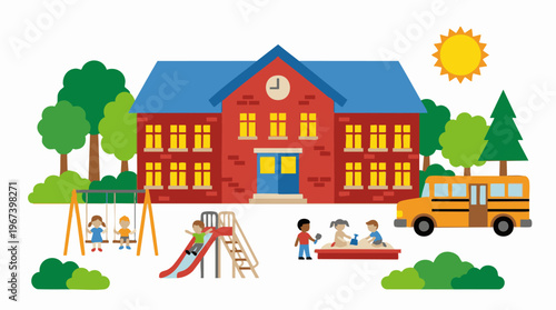 School building, playground with children, and school bus illustration