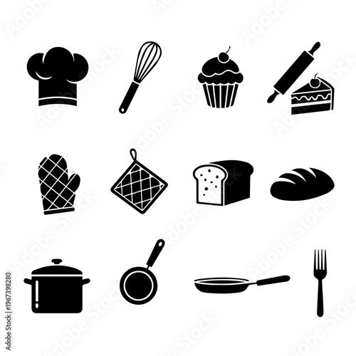 Kitchenware and baking equipment silhouette icon set for culinary design projects