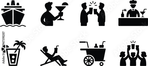 Cruise ship and bar service icons set