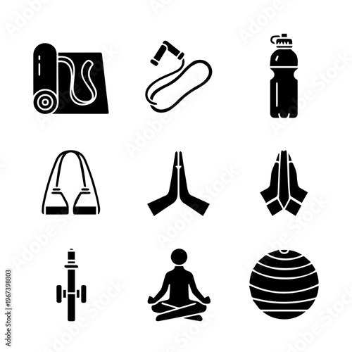 Yoga and fitness equipment glyph icons set for a healthy lifestyle and wellness concepts