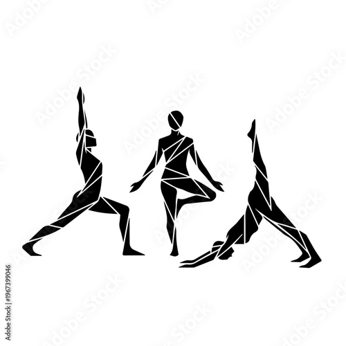 Abstract geometric figures performing various yoga poses, symbolizing wellness, balance, and mindful fitness