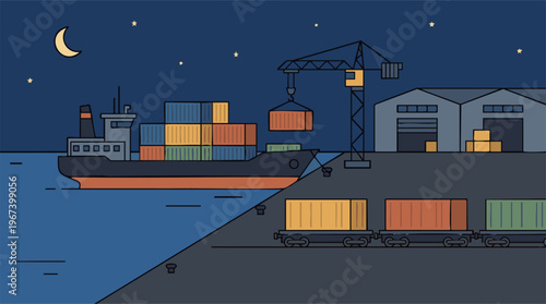 Nighttime cargo port operations with container ship, crane, and freight train