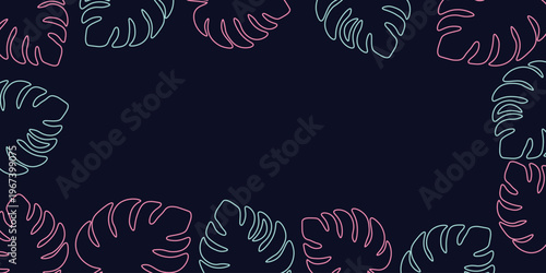 Frame with pink, mint monstera leaf silhouettes along edges Isolated black background Modern tropical border Сopy space, perfect for banners, invitations, posters social media designs Summertime