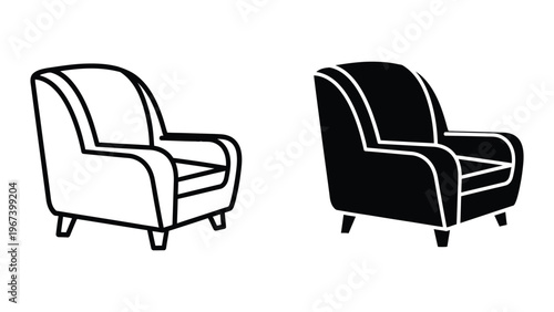 Two contrasting armchairs in a minimalist black and white illustration style