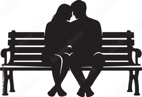 Black silhouette of couple kissing on bench white background